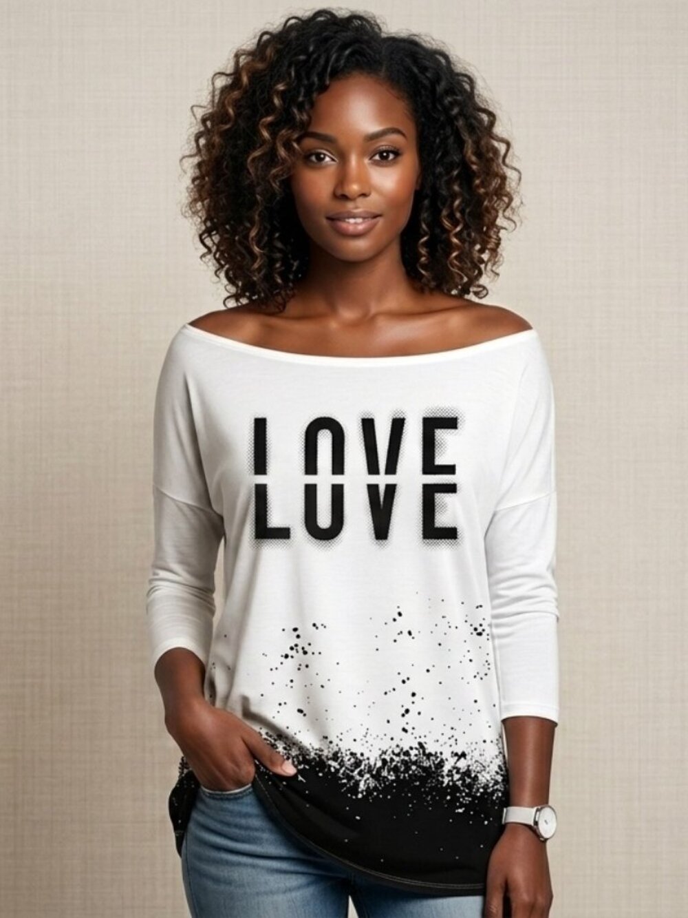 White tunic top "LOVE" paint-splatter or ombre effect at the hem